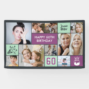 60. Geburtstag Benutzerdefinierte Fotocollage Lila Banner