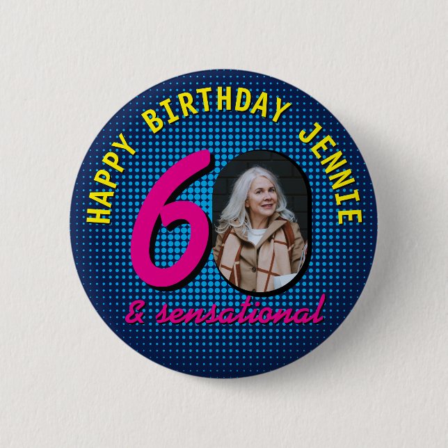 60. Geburtstag Benutzerdefiniertes Foto Retro Pers Button (Vorderseite)