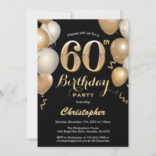 60. Geburtstag Black and Gold Balloons Confetti Einladung