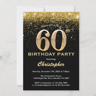 60. Geburtstag Black and Gold Glitzer Confetti Einladung