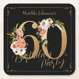60. Geburtstag Black Gold Floral Glamour Hübsch Rechteckiger Pappuntersetzer