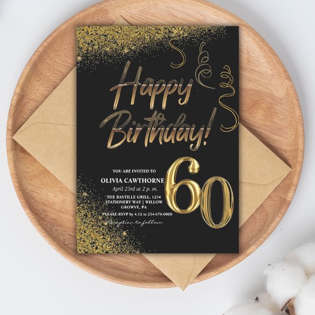 60. Geburtstag Black & Gold Glitzer Moderner Einladung (Von Creator hochgeladen)