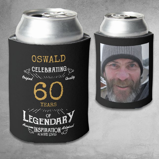 60. Geburtstag Black Gold Legendary Foto Dosenkühler (A personalized elegant 60th birthday can cooler that is easy to customize)