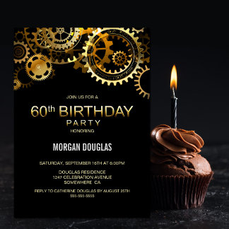 60. Geburtstag Black Gold Steampunk Uhren Gears Einladung