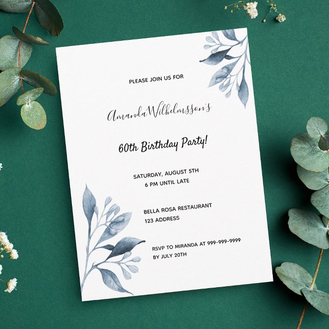 60. Geburtstag blauen weißen botanischen Einladung Postkarte (Von Creator hochgeladen)