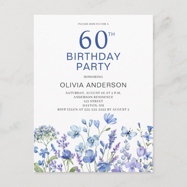 60. Geburtstag Blauer Flora Einladung Postkarte (Vorderseite)