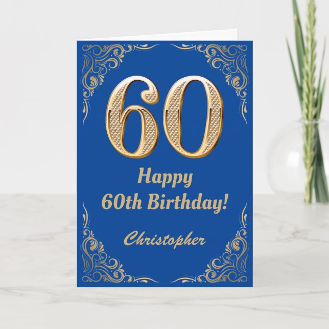 60. Geburtstag Blue and Gold Glitzer Frame Karte (Vorderseite)