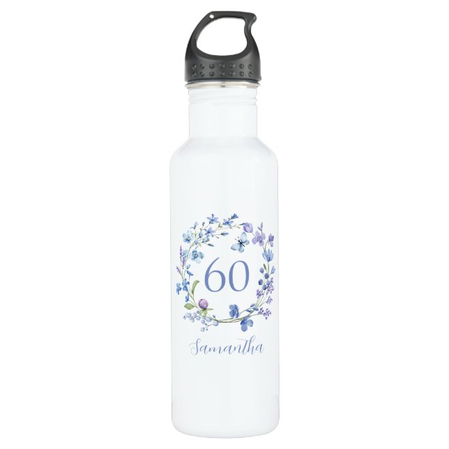 60. Geburtstag Blue Floral Name Edelstahlflasche (Vorderseite)