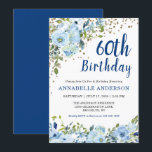 60. Geburtstag Blumennagel Blue Gold Glitzer Dots Einladung<br><div class="desc">60. Geburtstag Navy Blue Script Floral Aquarell Gold Confetti Glitzer Dots Einladung Das Design bietet schöne Aquarellblau und grüne Blumen.</div>