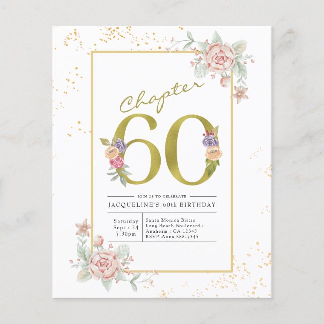 60. Geburtstag Blumenschrift Gold-Script-Einladung Flyer (Vorne)
