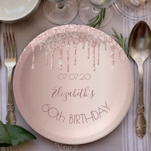 60. Geburtstag blush Rose Gold Glitzer Tropfen Nam Pappteller