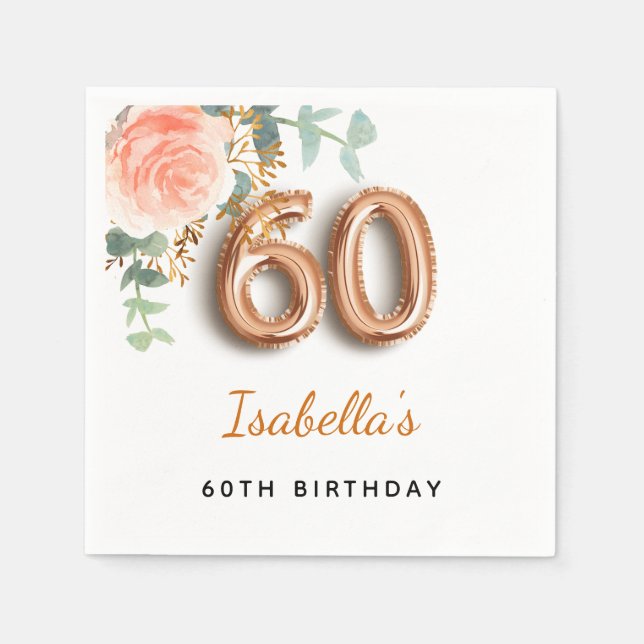 60. Geburtstag Blütengold-Rose Eukalyptus Monogram Serviette (Vorderseite)