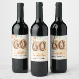 60. Geburtstag Blütengold-Rose Eukalyptus Monogram Weinetikett