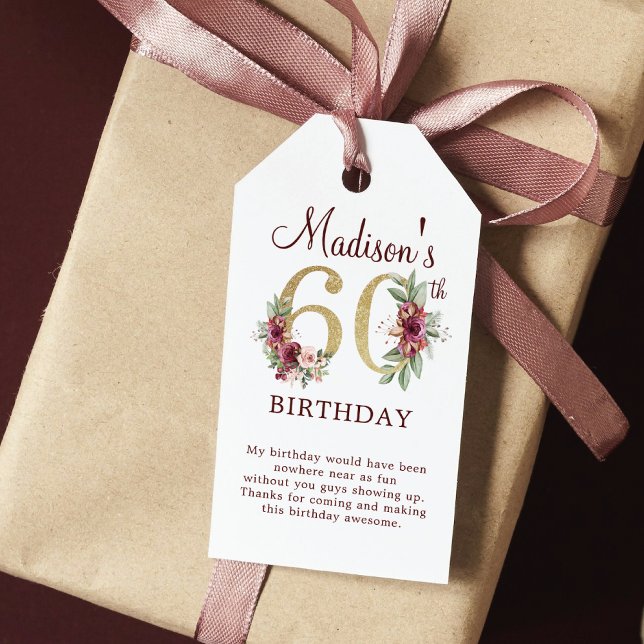60. Geburtstag Burgund Gold Floral Personalisiert Geschenkanhänger (Von Creator hochgeladen)