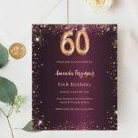 60. Geburtstag burgundy Rose Goldeinladung<br><div class="desc">Für einen eleganten 60. Geburtstag. Eine burgundische Hintergrundfarbe. Dekoriert mit Rosengold faux glänzender Staub. Personalisieren und fügen Sie einen Namen und Party-Details hinzu. Der Name wird mit einem handgeschriebenen Stilskript geschrieben. 1 Blatt = 1 Einladung mit Druckkante bis Kante.</div>