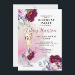 60. Geburtstag Champagner Glass Floral Geburtstag Einladung<br><div class="desc">Eine elegante,  60. Geburtstagseinladung mit einem Blumengläser,  rosa und bordeauxfarbenen Blumenmustern und einem Aquarellspülhintergrund in rosa Tönen mit elegantem Schriftmarkennamen. Stilvoll und modern.</div>