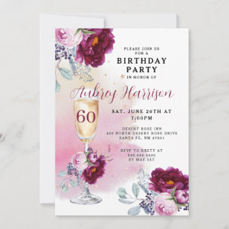 60. Geburtstag Champagner Glass Floral Geburtstag Einladung