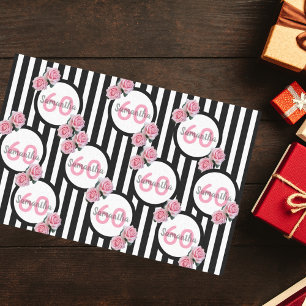 60. Geburtstag chic rosa Rosen Schwarz-weiße Strei Seidenpapier