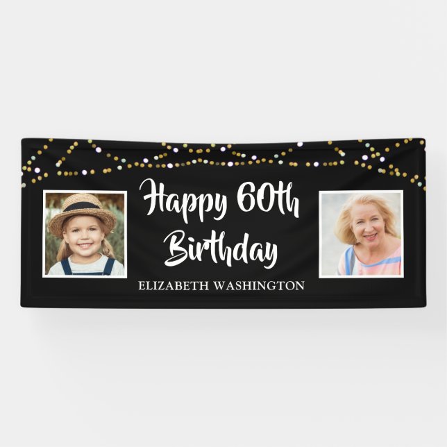 60. Geburtstag Dann & Jetzt Fotos leuchten schwarz Banner (Horizontal)