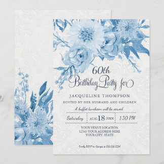 60. Geburtstag Dusty Blue White Lace Damask Floral Einladung