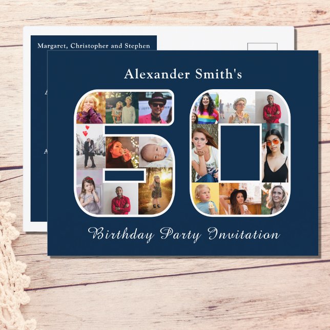 60. Geburtstag Einladung 60 Foto Dunkelblau Postkarte (Personalized 60th birthday postcard invitation. Dark blue with photo collage template.)