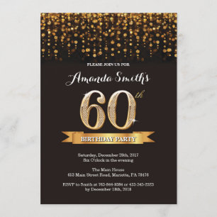 60. Geburtstag Einladung Black and Gold Glitzer