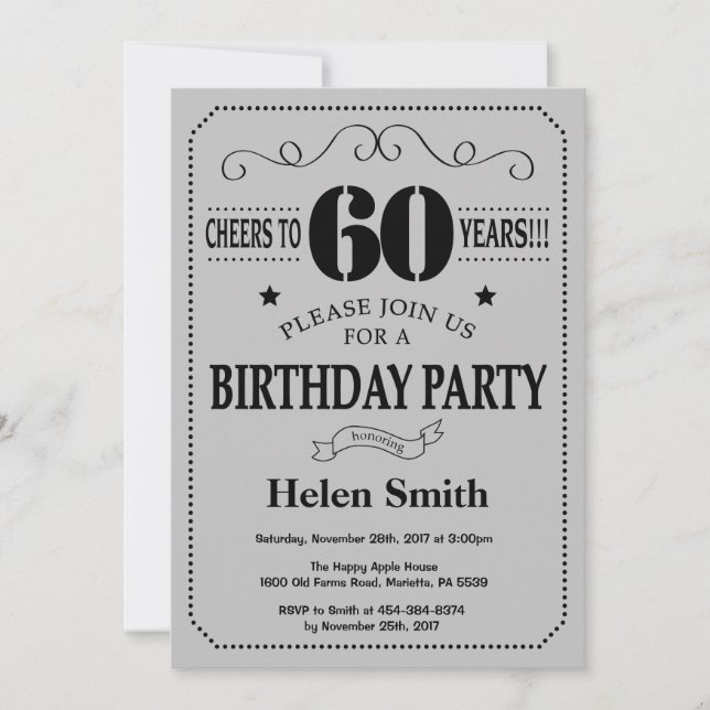 60. Geburtstag Einladung Black und Silver Gray (Vorderseite)