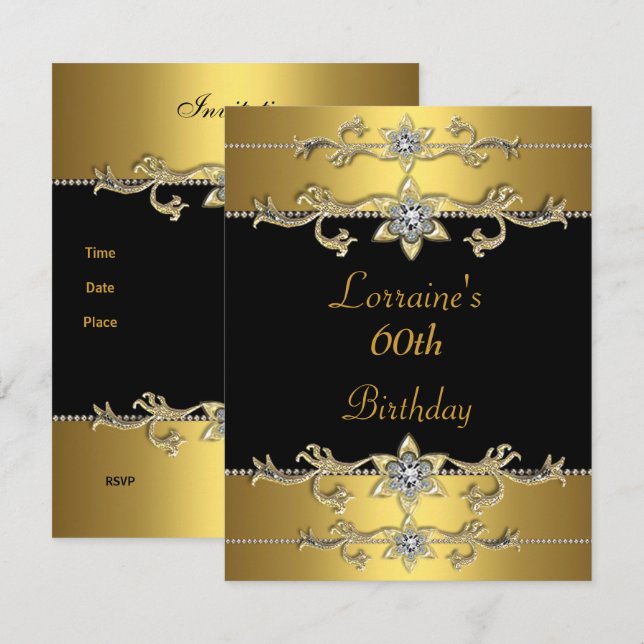 60. Geburtstag Einladung Elegantes Schwarzes Gold (Vorne/Hinten)