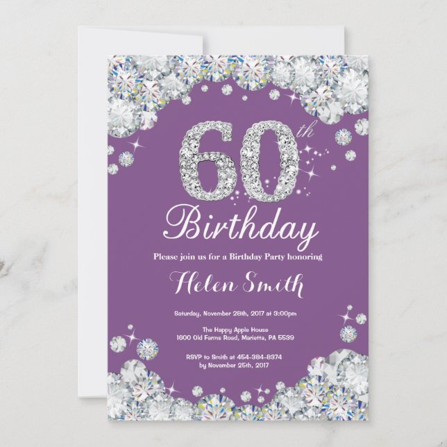 60. Geburtstag Einladung Lila und Silver Diamond (Vorderseite)