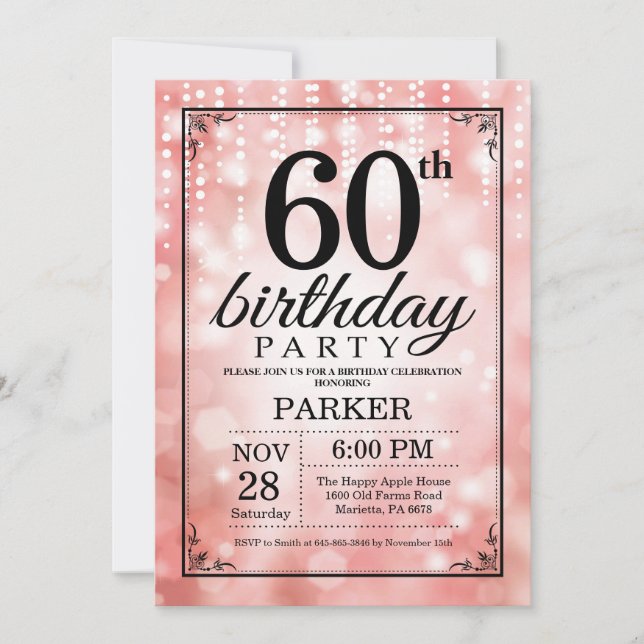 60. Geburtstag Einladung Rosa Glitzer (Vorderseite)