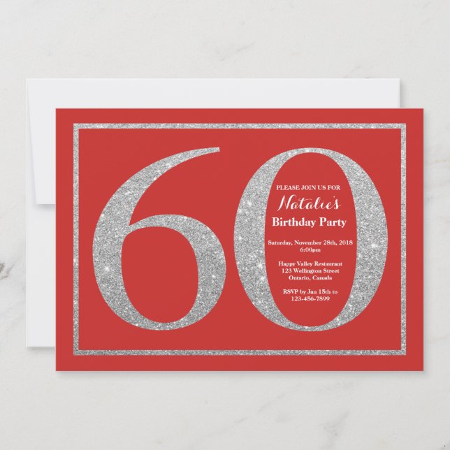 60. Geburtstag Einladung Rot und Silber Glitzer (Vorderseite)