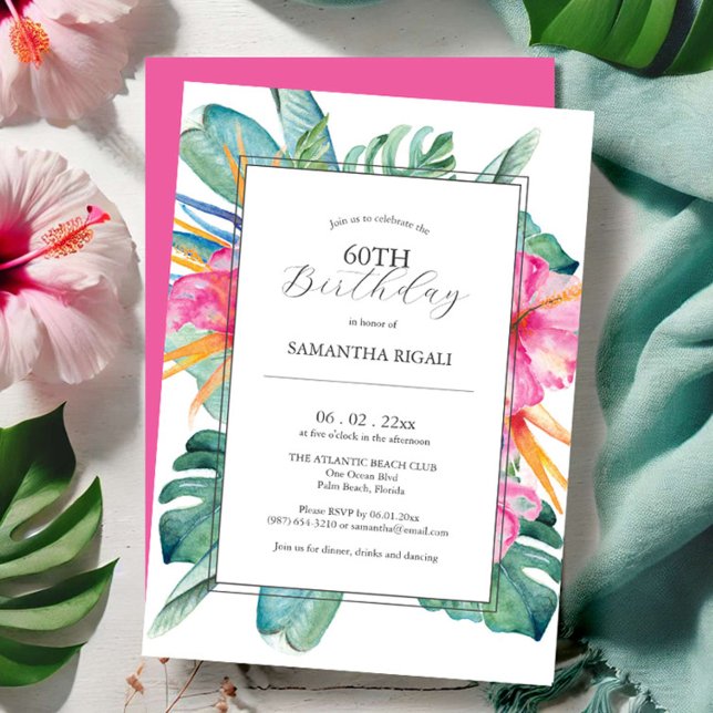 60. Geburtstag Einladungen Tropical Luau (60th birthday invitations for her tropical floral palm leaf art Victoria Grigaliunas DoTellABelle)