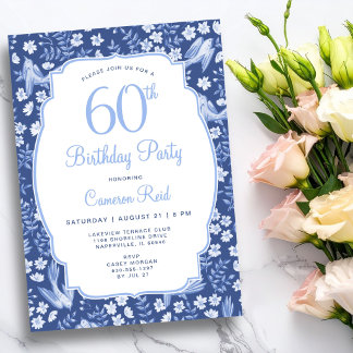 60. Geburtstag Elegant Blau Blumen Weiblich Vogel Einladung