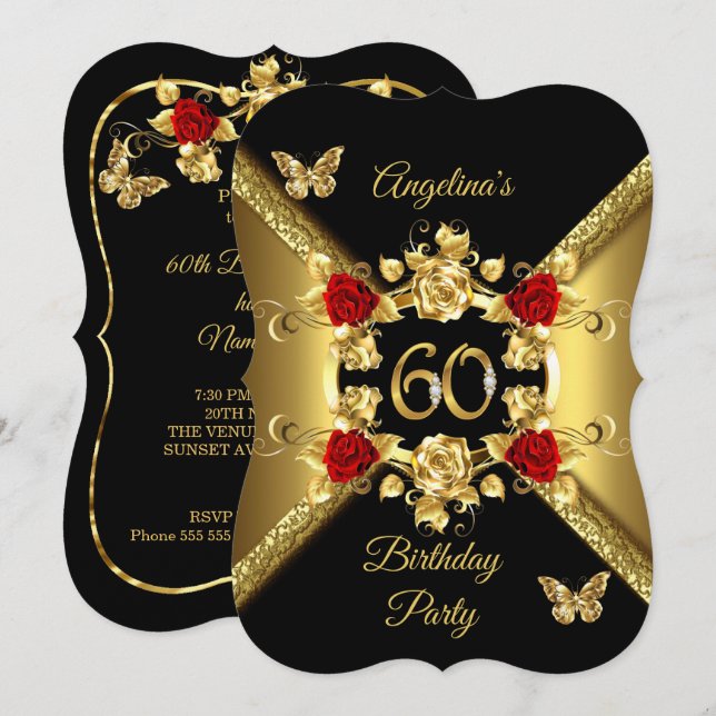 60. Geburtstag Elegant Gold Rote Rosen Black Einladung (Vorne/Hinten)