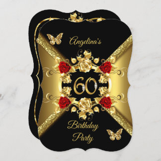 60. Geburtstag Elegant Gold Rote Rosen Black Einladung
