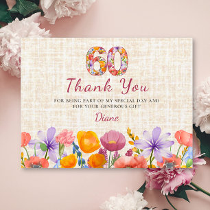 60. Geburtstag - Elegante Florale Zahl 60 Danke Postkarte