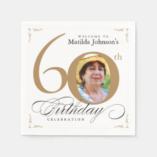 60. Geburtstag Elegantes Gold Weißes Foto Serviette