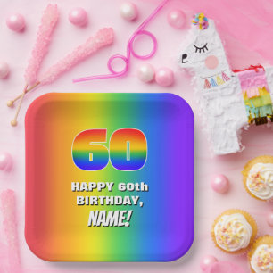 60. Geburtstag: Farbenfroh, Fun Rainbow Pattern # Pappteller