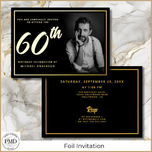 60. Geburtstag Foto Black Gold Elegant Folieneinladung