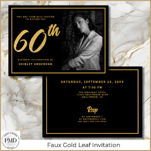 60. Geburtstag Foto Black Imitats Gold Leaf Elegan Einladung