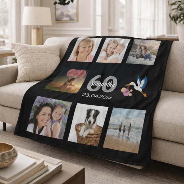 60. Geburtstag Foto Collage schwarz Fleecedecke (Von Creator hochgeladen)
