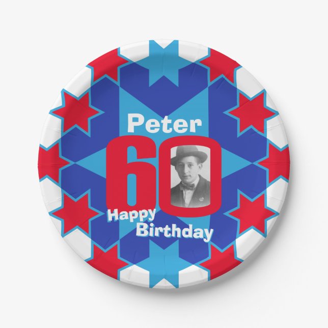 60. Geburtstag Foto Name Blue Star Papierteller (Vorderseite)