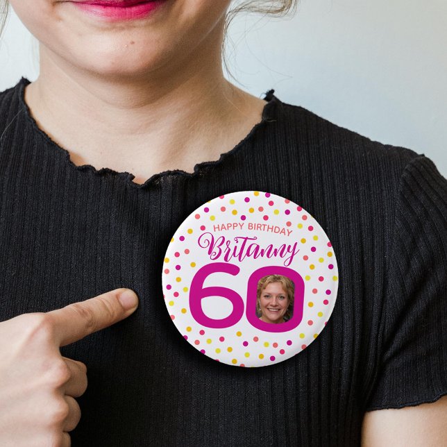 60. Geburtstag Foto rosa goldgelbe Konfetti Button (Von Creator hochgeladen)