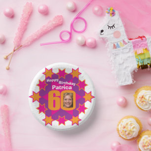 60. Geburtstag Foto und Name Rosa Stern Pappteller