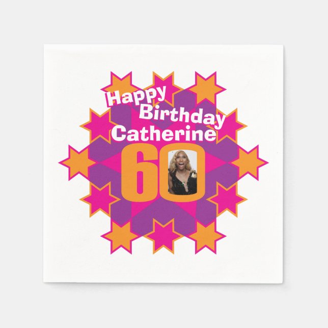 60. Geburtstag Foto und Name Rosa Sternenserviette Serviette (Vorderseite)