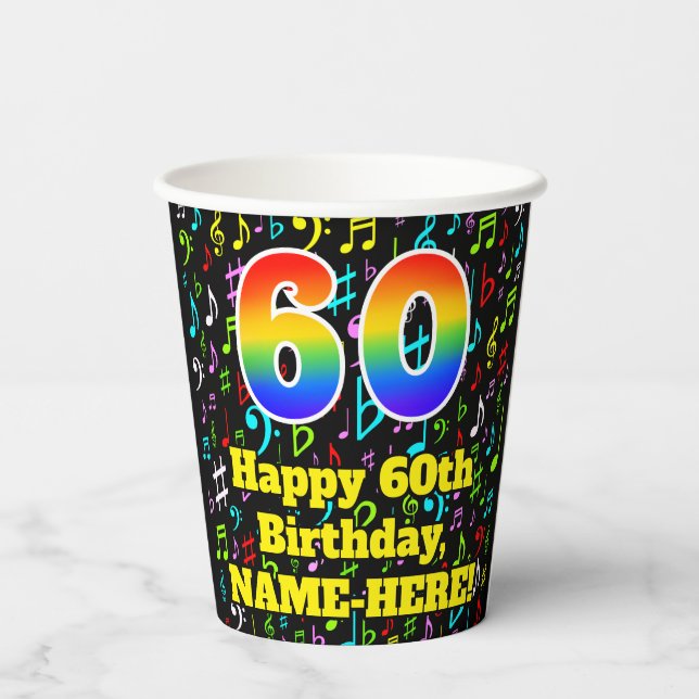 60. Geburtstag: Fun Musiknotens Pattern, Regenboge Pappbecher (Rückseite)