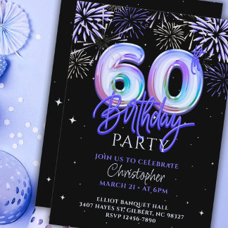 60. Geburtstag für Ihm Blue Fireworks Foil Ballon Einladung