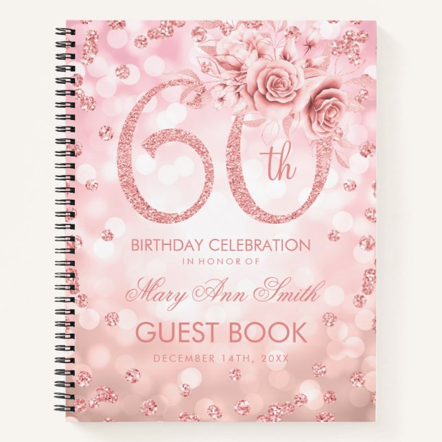 60. Geburtstag Gästebuch Rose Gold Glam Lights  Notizbuch (Vorderseite)