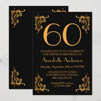 60. Geburtstag Glam Modern Gold Black Vintag Retro Einladung