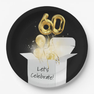 60. Geburtstag Gold Ballons in weißer Box Pappteller